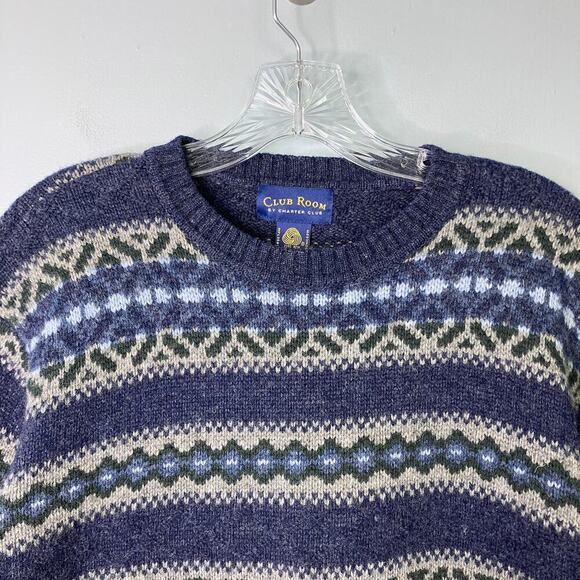Vintage Club Room by Charter Club Blue 100% Lambswool Fair Isle Sweater Men's L - Picture 2 of 12